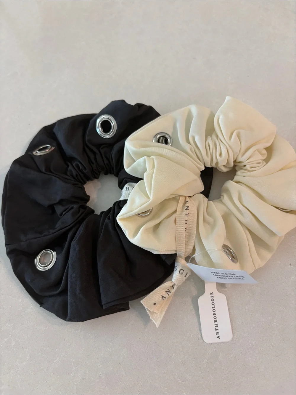 Anthropologie Metal-Grommet Scrunchie Duo in Black & Cream